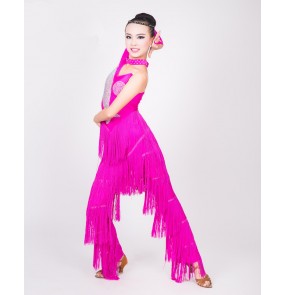 Fuchsia hot pink black rhinestones one shoulder fringes girls kids children  competition performance latin catsuits jumpsuits bodysuits